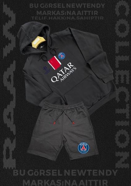 Paris Sweatshirt Şort Takım Erkek Kapüşonlu Üst Alt Spor Taraftar 2 Iplik Kombin