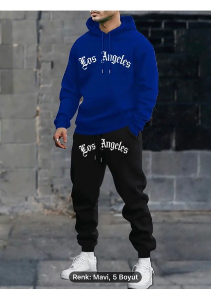 Erkek Rahat Kapüşonlu Sweatshirt ve Eşofman Takımı - Geometrik Los Angeles Baskılı