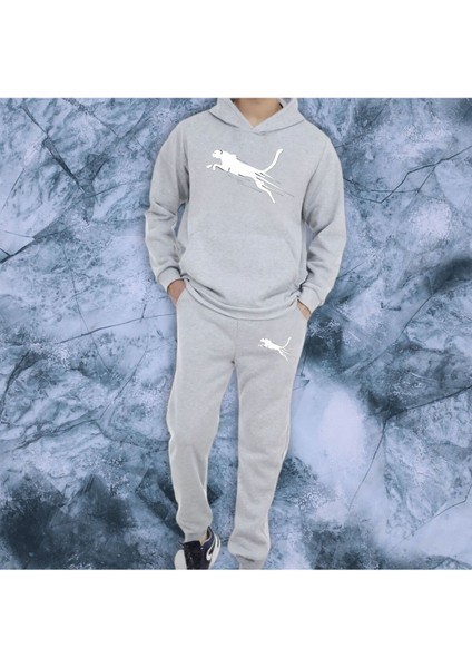 Kanguru Cepli Leopar Özel Grafik Desenli Eşofman Takımı Eşofman Sweatshirt 6 Renk