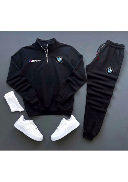 Yeni Sezon Bmw M Power Baskılı Yarım Fermuarlı Sweatshirt-Eşofman Altı Set 2'li Kombin