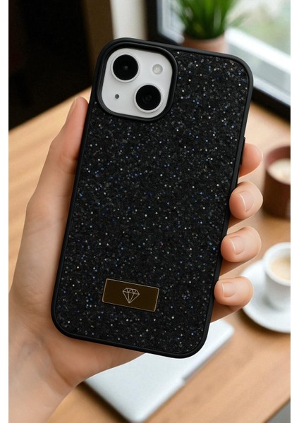 iPhone 14 Plus / 15 Plus Uyumlu – Elmas Tasarımlı, Siyah Taşlı, Işıltılı Pırlanta Silikon Kılıf
