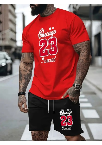Erkek 2 Parça Set, Chicago 23 Baskı, Rahat Crew Boyun Kısa Kollu