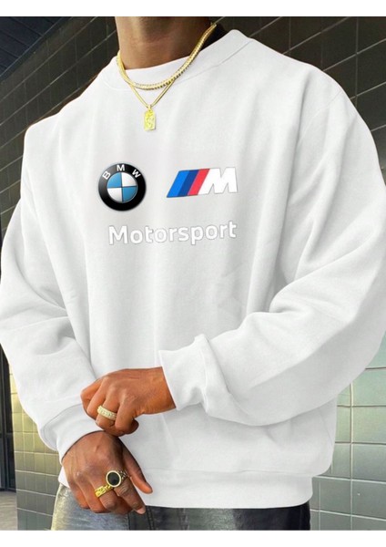 Bmwmmotorsport Desen Baskılı 2 Iplik Polarlı Mevsimlik Bisiklet Yaka Sweatshirt