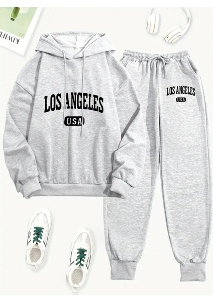 Kadın Rahat 2 Parça Takım, Los Angeles Usa Baskılı Kapüşonlu ve Eşofman