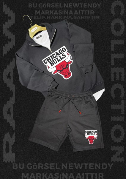 Chigago Bulls Yarım Fermuarlı Dik Yaka Sweatshirt - Şort Taraftar Pamuklu 2 Iplik Set