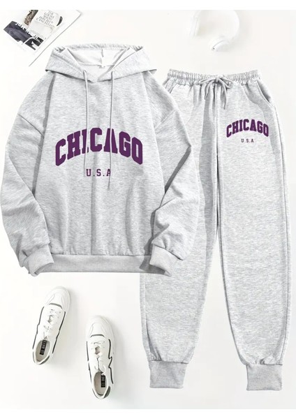 Chicago Harf Baskılı Iki Parça Takım, Rahat Uzun Kollu Kapüşonlu