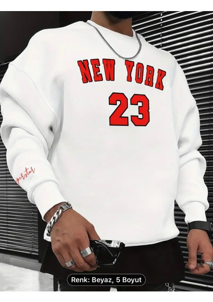 New York 23 Baskılı Moda Erkek Rahat Uzun Kollu Crew Neck Sweatshirt, Açık Hava Sporları Için Uygun