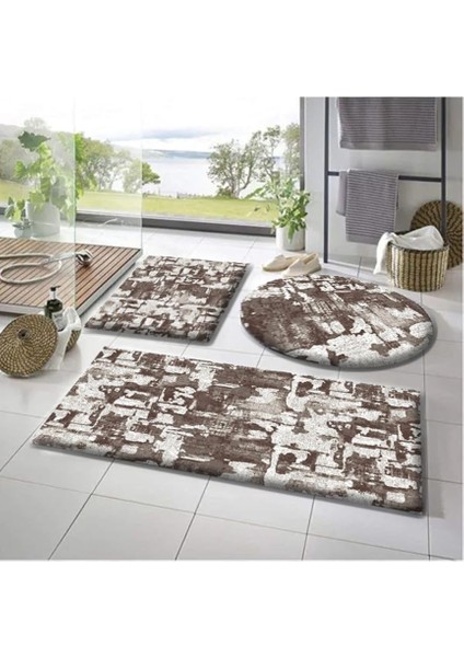 Carpet 3'lü Banyo Paspası Desenli Peluş Banyo Halısı Peluş Desenli Krem Rengi Banyo Paspası