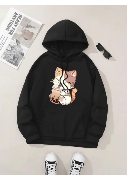 Women's Cute Cat & Milk Tea Print Hoodie - Casual