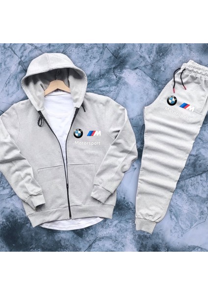 Kapüşonlu Boydan Fermuarlı Solmaz Tüylenmek Bmw Motorsport Görsel Baskılı Eşofman Takımı