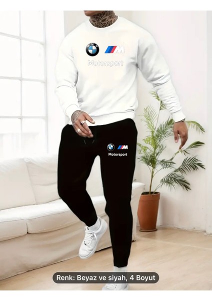 Bisiklet Yaka Solmaz Tüylenmek Bmw Motorsport Görsel Baskılı Eşofman Takımı Sweatshirt-Eşofman Altı