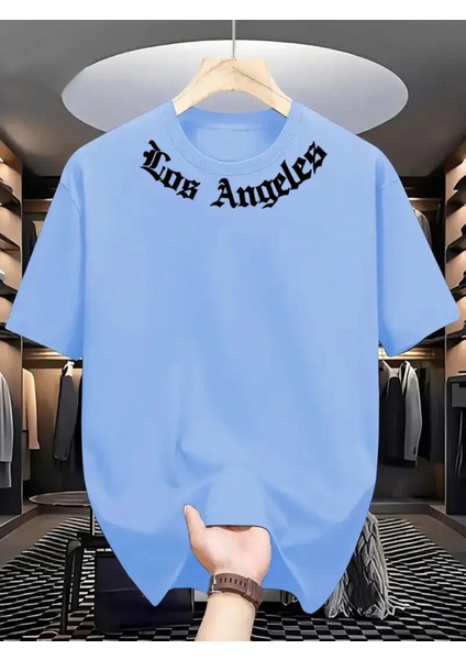 Erkek Rahat Yuvarlak Yaka Tişörtü "los Angeles" Yazılı Baskılı - %100 Polyester Örme Kumaş