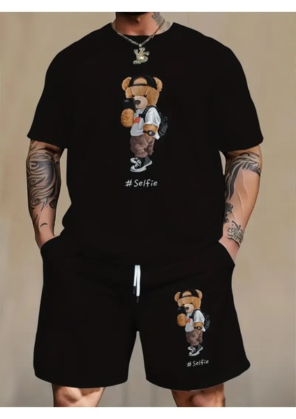 Erkek Büyük Beden Teddy Ayı Baskılı Rahat Tişört ve Şort Takımı,