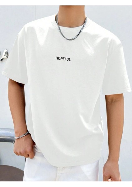 Unisex Yeni Sezon Oversize Hopeful Yazılı Baskılı Pamuklu Tshirt