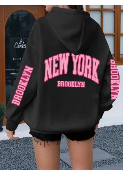 Trden Plus Beden Casual Hoodie ile New York Brooklyn Harf Baskısı,