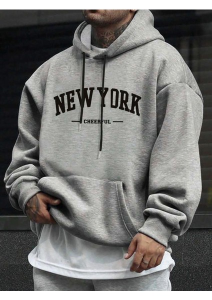 Kapüşonlu Newyork Baskılı Sweatshirt Mevsimlik Sonbahar Kış Için Uygundur