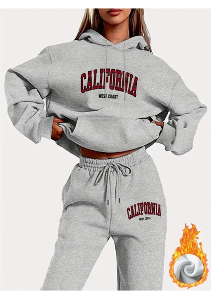 Trden Kadın Uzun Kollu Ipli Kapüşonlu Hoodie ve Koşu Pantolonu Kıyafet 2'li Set