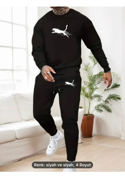 Erkek Leopar Desenli Moda Sweatshirt & Jogger Takımı - Günlük, Esnek Polyester Karışımı, Cepli