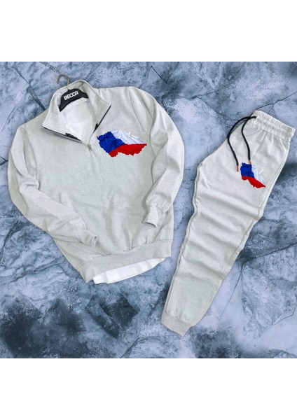 Çek Cumhuriyeti Bayrak Özel Grafik Baskılı Dik Yaka Sweatshirt-Eşofman