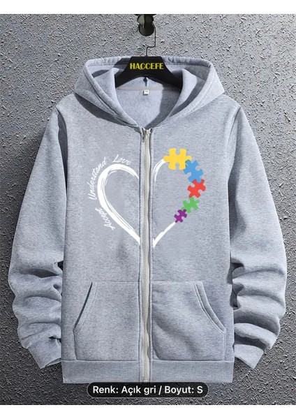 Puzzle Kalp Rahat Kesim Tam Fermuarlı Cepli Grafik Desenli 3 Iplik Sweatshirt