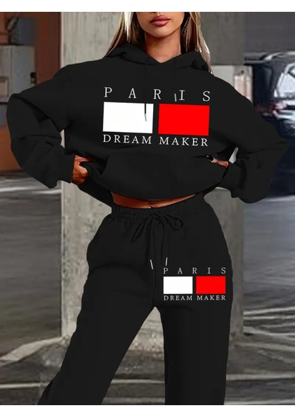 2025 Trend Paris Esintili Harf Baskılı Kadın Hoodie & Jogger Takım