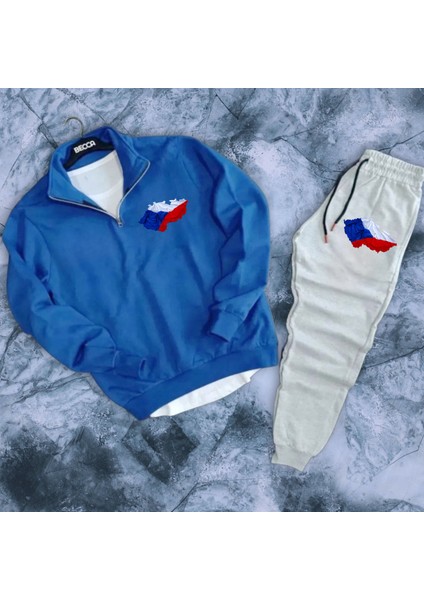 Çek Cumhuriyeti Bayrak Özel Grafik Baskılı Dik Yaka Sweatshirt-Eşofman