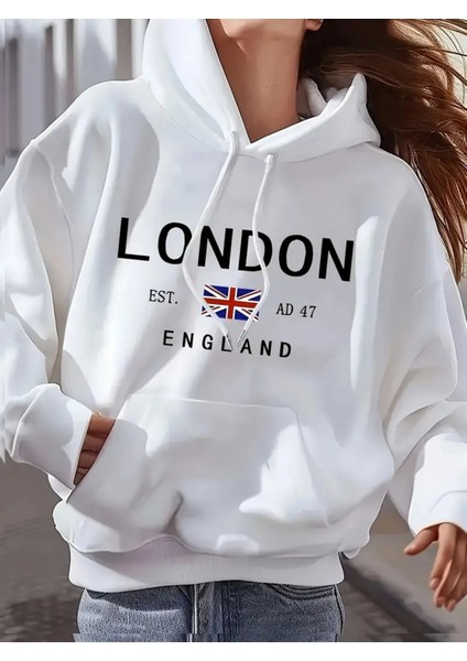 Kadınlar Için Casual Polyester Kapüşonlu Sweatshirt, Londra Ingiltere Baskılı
