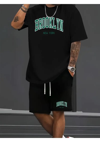 Erkekler Için Şık Yüksek Kaliteli Brooklyn Baskılı Rahat Iki Parça Takım