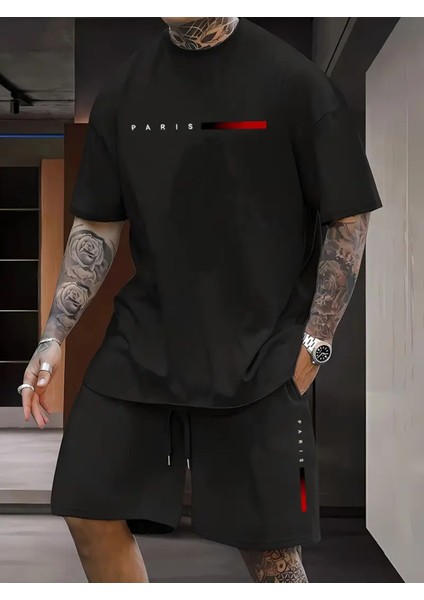 Erkekler Için Günlük Yuvarlak Yaka Desenli Tişört ve Şort Takımı, Moda Baskı, Rahat Kalıp