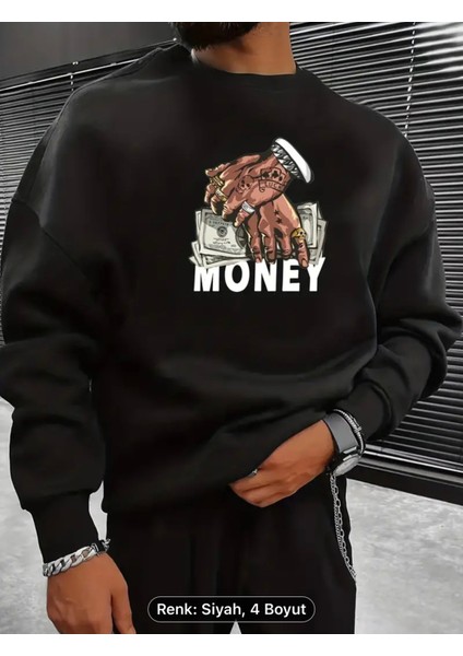 Para Baskılı Erkek Grafik Yuvarlak Yaka Sweatshirt, Gevşek Trendy Kazak, Erkek Giyim Sonbahar Için