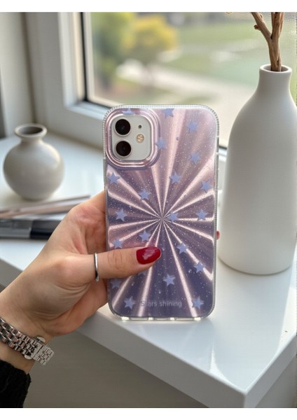 Apple iPhone 12 Uyumlu – Mor Yıldız Patlaması Desenli, Parlak Silikon Kılıf