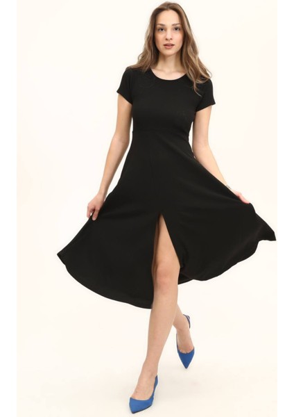 Kadın Renkli Belden Oturma Eteği Yırtmaçlı Salaş Elbise