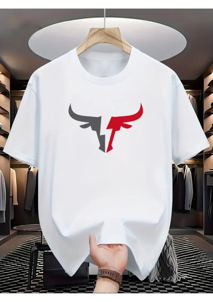 Erkekler Için Casual Rib-Knit Polyester T-Shirt, Bull Grafikli, Crew Neck Kısa Kollu Yazlık Üst
