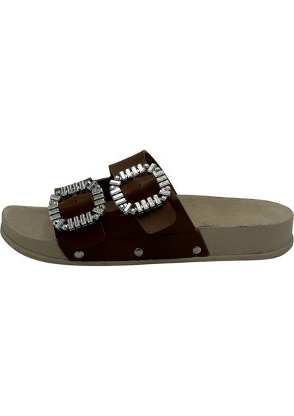 Kalın Taban Terlik Taba Süet Taşlı Çift Toka Kadın Kalın Taban Terlik