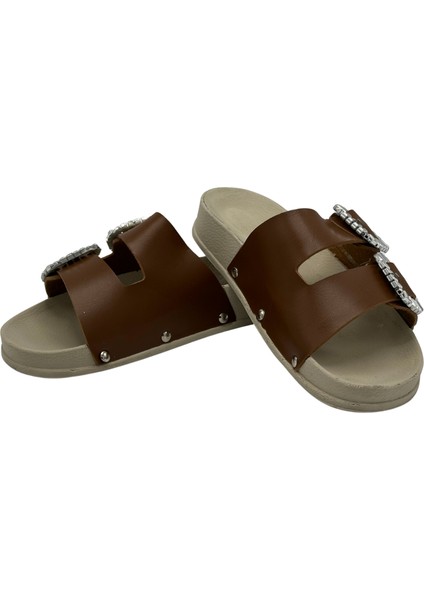 Kalın Taban Terlik Taba Süet Taşlı Çift Toka Kadın Kalın Taban Terlik modelleri