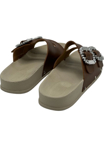 Kalın Taban Terlik Taba Süet Taşlı Çift Toka Kadın Kalın Taban Terlik