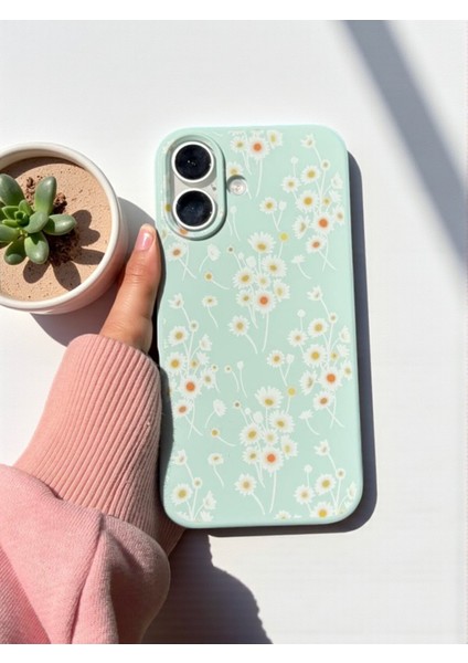 iPhone 16 Uyumlu Papatya Desenli Fıstık Yeşili Lansman Liquid Silikon Kılıf