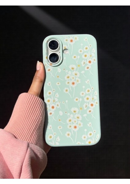 iPhone 16 Uyumlu Papatya Desenli Fıstık Yeşili Lansman Liquid Silikon Kılıf modelleri