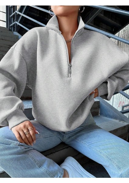 3 Iplik Şardonlu Yarım Fermuarlı Sweatshirt Gri fiyatları