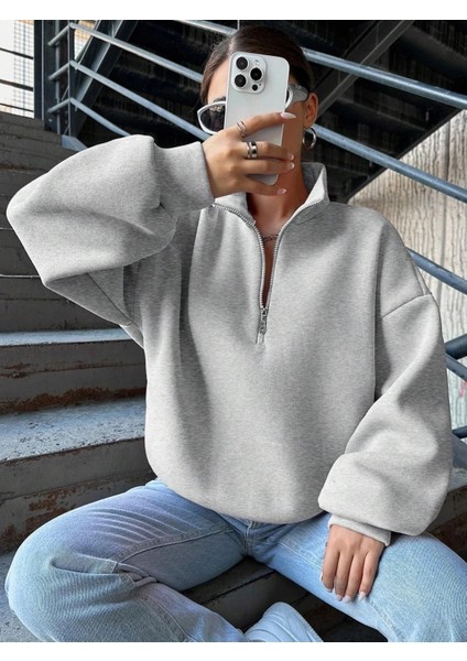 3 Iplik Şardonlu Yarım Fermuarlı Sweatshirt Gri fırsatları