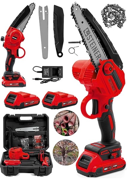 Alman 198 Vf 10 Ah 25 cm Bakır Sargılı Akülü Dal Kesme Budama Testere Bıçkı Makinesi Kırmızı