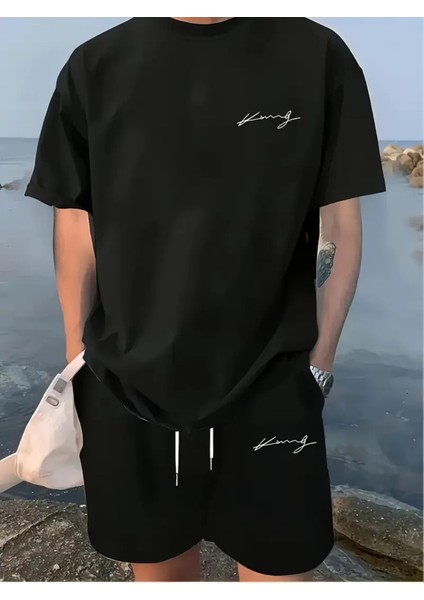 Erkekler Için 2 Parça Set, Kısa Kollu T-Shirt ve Bağcıklı Cep Şortu