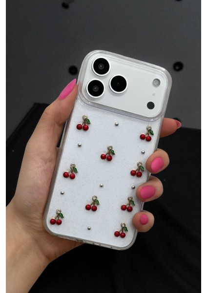 Apple iPhone 17 Pro Uyumlu Epoksi Kiraz Desenli Şeffaf Silikon Kılıf Darbeye Dayanıklı Kapak