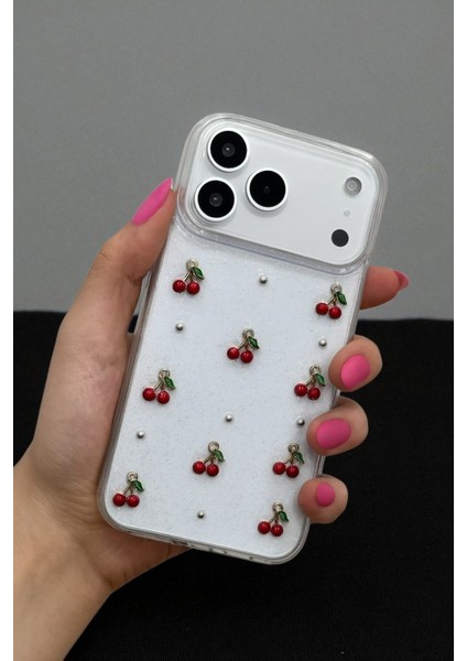 Apple iPhone 17 Pro Uyumlu Epoksi Kiraz Desenli Şeffaf Silikon Kılıf Darbeye Dayanıklı Kapak fiyatları