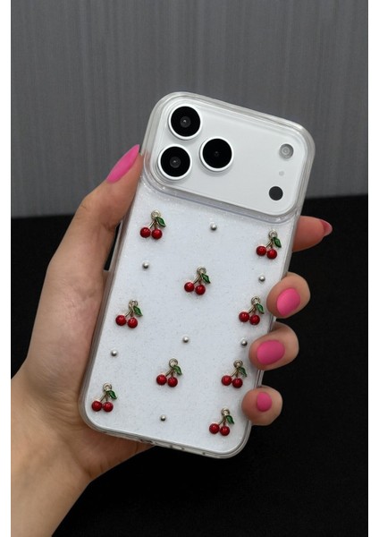 Apple iPhone 17 Pro Uyumlu Epoksi Kiraz Desenli Şeffaf Silikon Kılıf Darbeye Dayanıklı Kapak modelleri