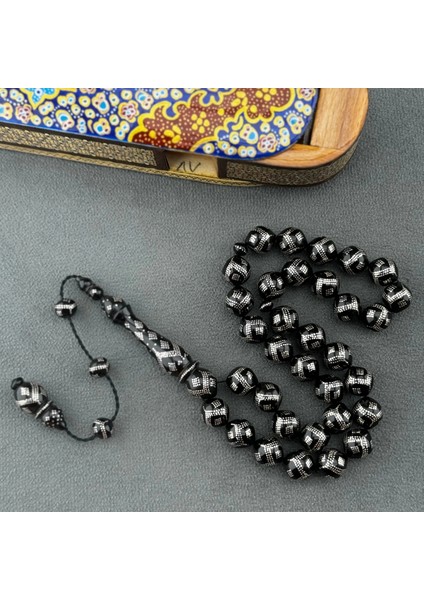 Usta Işçilikli Yoğun Gümüş Işlemeli Abanoz Ağacı Tespih