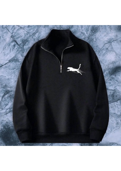 Özel Grafik Tasarım Leopar Baskılı Yarım Fermuarlı Sweatshirt