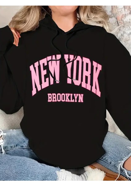 "new York Brooklyn" Harf Baskılı, Rahat Kazak, Esnek Örme Kumaş, Kapüşonlu