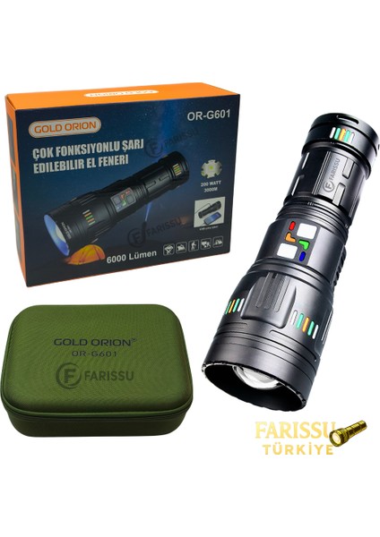 200W Süper Güçlü Lazer LED El Feneri - 6000 Lümen, 3000M Menzil ve Powerbank Özellikli (4 Pilli Set)