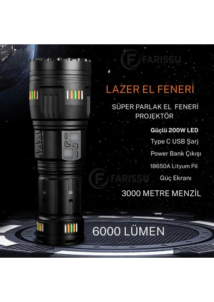 200W Süper Güçlü Lazer LED El Feneri - 6000 Lümen, 3000M Menzil ve Powerbank Özellikli (4 Pilli Set) indirimleri